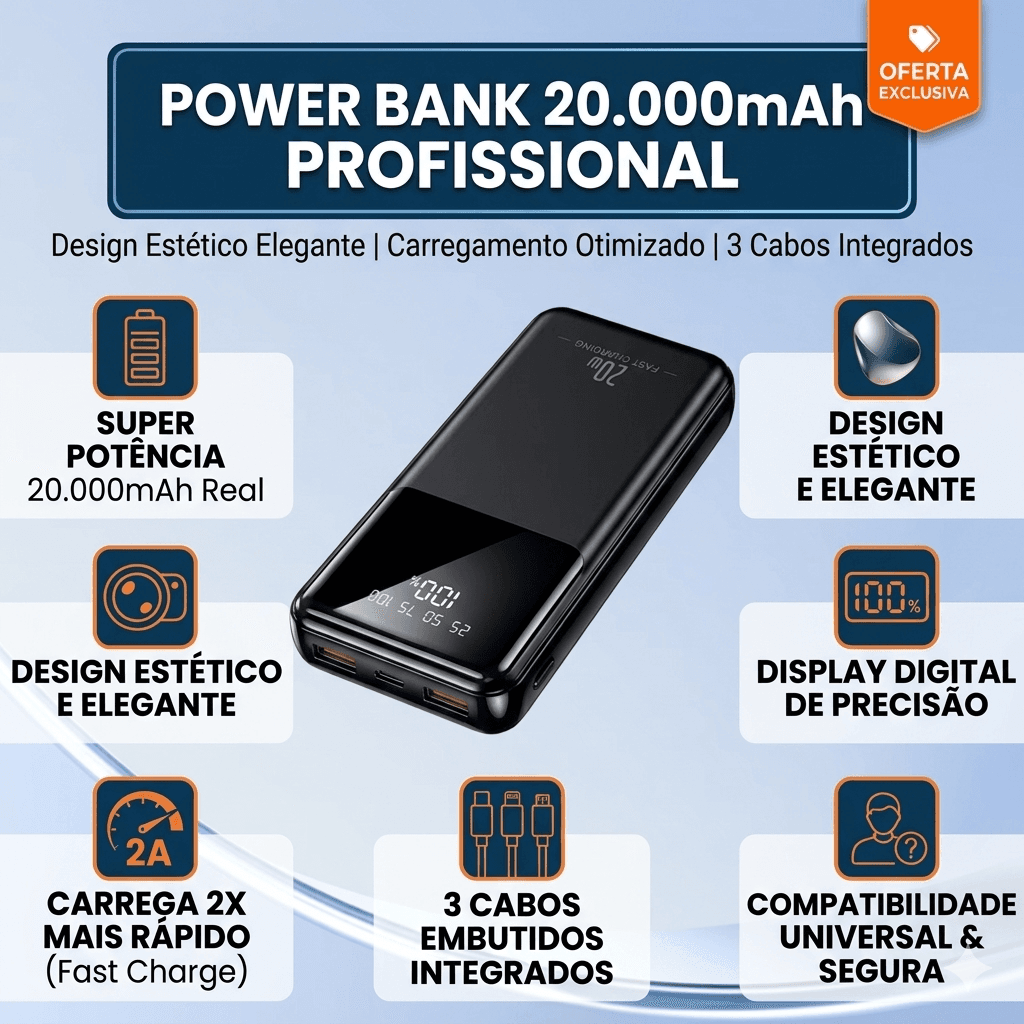Power Bank 20000mAh Carregador Portátil Rápido, Design Estético elegante, Fast charger com cabo Integrado