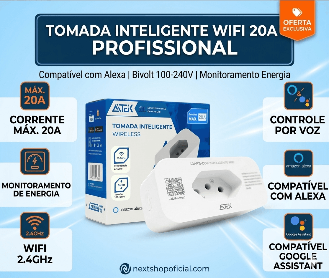 Tomada Inteligente Wifi 20A Bivolt Compatível com Alexa Google